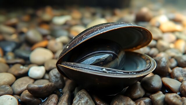 A freshwater mussel with closed shells resting on riverbed pebbles.