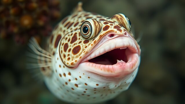 A frightened pufferfish with its body inflated, underwater, shallow depth of field.