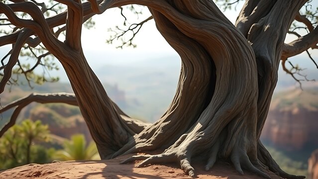 Ancient tree with tilted trunk rooted in cliffside soil, serene landscape.