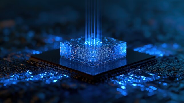 Bright processor emitting blue beams on dark board. Modern computing core for tech, AI, cloud, and data analytics.