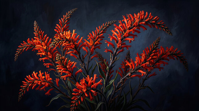 Vivid red lobelia flowers arranged artistically against a dark moody painted background with soft dramatic lighting