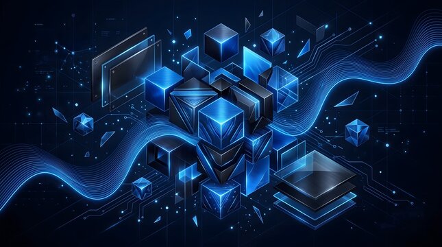Abstract 3D blue blockchain cube cluster with glowing wave line background.
