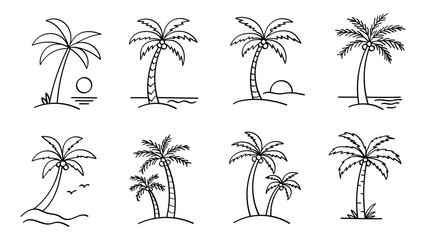 Fototapeta premium Tropical Palm Tree Line Art Collection with Beach and Island Elements Vector Illustration