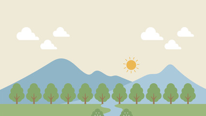 Fototapeta premium Flat Nature Landscape with Mountains Forest River Cartoon Background Illustration
