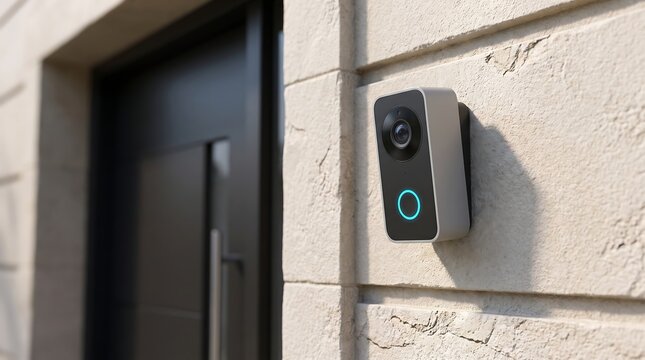 Modern smart video doorbell camera security system on stone wall for residential protection and insurance website.