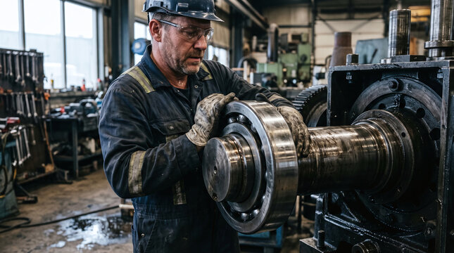 Industrial millwright installing a large bearing on machinery in a workshop