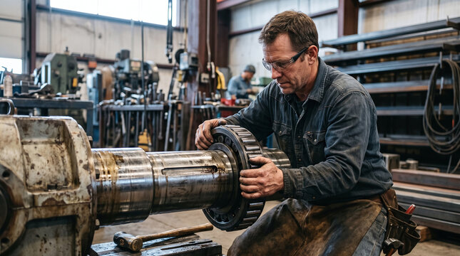 Skilled millwright installing a roller bearing on a heavy machinery shaft.