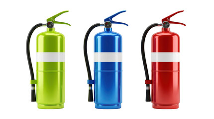 Obraz premium Three colorful fire extinguishers isolated on transparent background
