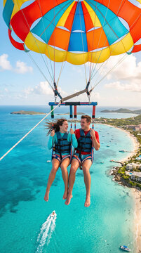 Happy couple parasailing over turquoise ocean during tropical summer vacation
