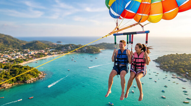 Happy couple tandem parasailing over a tropical turquoise bay in summer