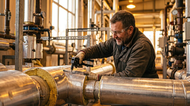 Industrial technician installing thermal insulation cladding on metal pipes