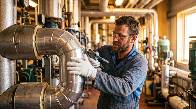 Industrial worker installing metal pipe lagging insulation in a boiler room.