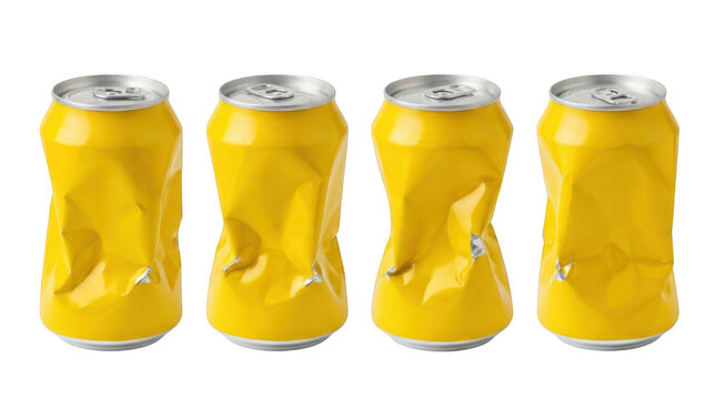 Four crushed yellow aluminum soda cans isolated on transparent background