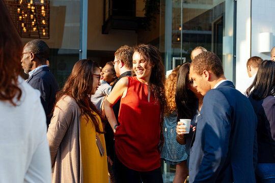 Lively outdoor business networking event