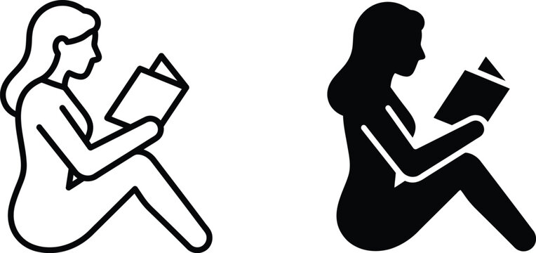 Woman Reading Book Silhouette On Transparent Background reader female person figure outline linear lineart vector