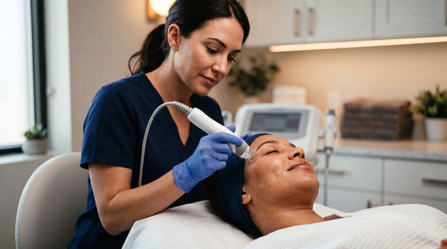 Aesthetician performing RF microneedling skin tightening treatment in clinic