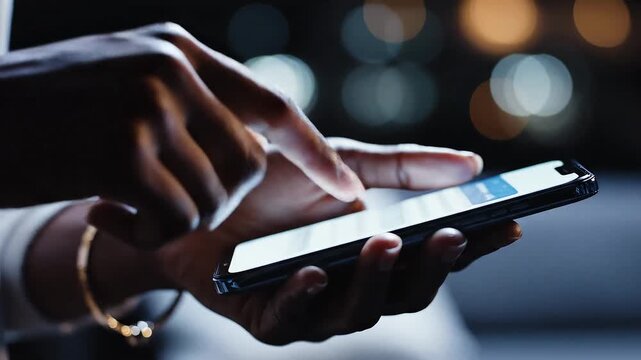 Hands holding phone mid-air waiting to tap cinematic framing