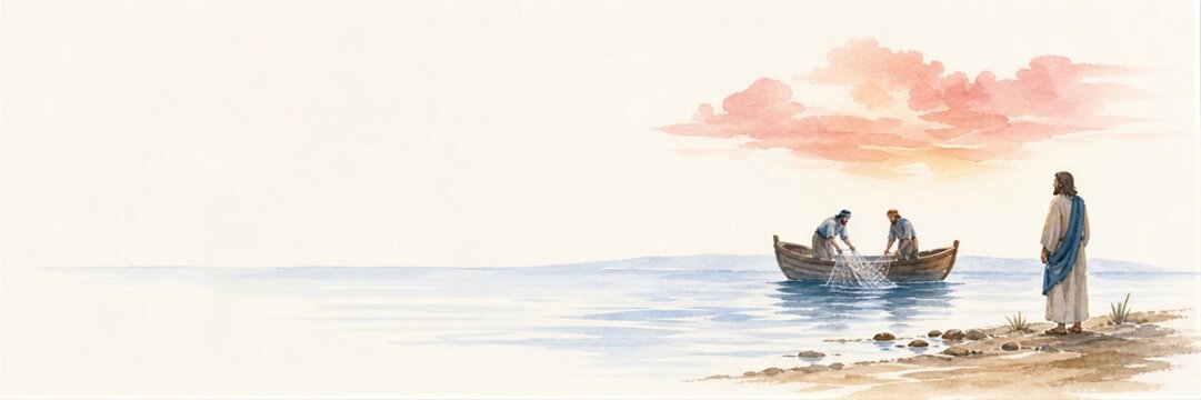 Jesus calling fishermen in boat on sea. Watercolor illustration of biblical scene depicting religious event.