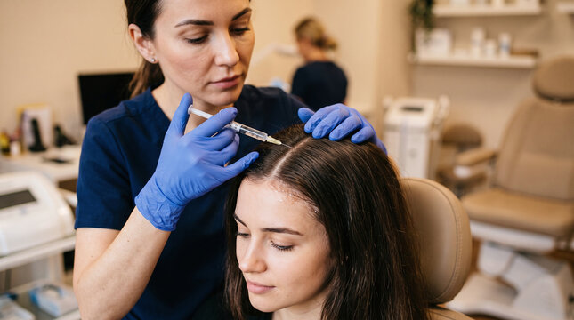 Dermatologist performing scalp mesotherapy injection for hair loss in clinic.