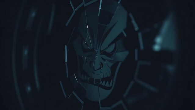 A shattered mirror with cracks forming the outline of a sneering face.