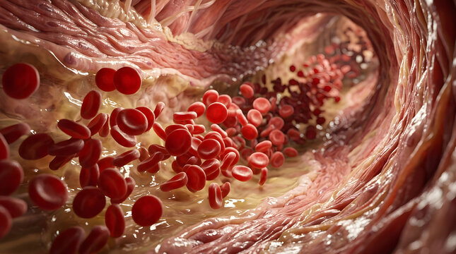 Red blood cells flowing through artery in medical illustration. Detailed vector of human bloodstream with erythrocytes and plasma for health science.