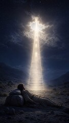 Obraz premium Man sleeping on stone pillow dreaming of Jacob ladder reaching heaven. Biblical scene from Genesis with glowing angels ascending staircase to God.