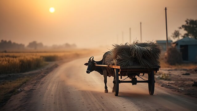 An ox pulling a wooden cart of rice sheaves down a dusty country road.