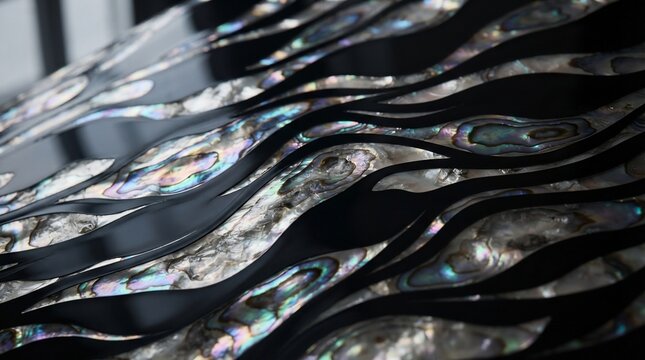 Abstract flowing wave pattern with iridescent highlights and dark background