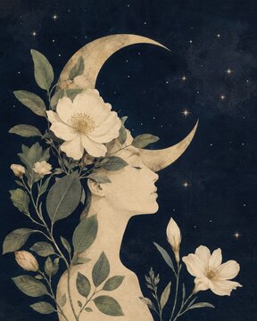 Botanical moon and human profile collage representing peaceful nighttime reflection