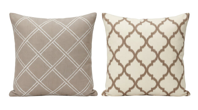 Two decorative throw pillows with geometric and lattice patterns isolated on transparent background