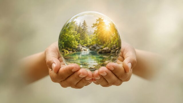 Hands holding a glowing nature sphere symbolizing wellbeing and sustainable balance