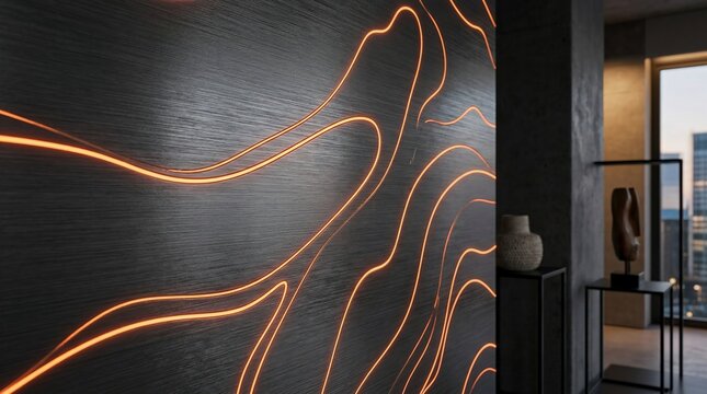 Abstract glowing lines on textured dark surface modern interior design