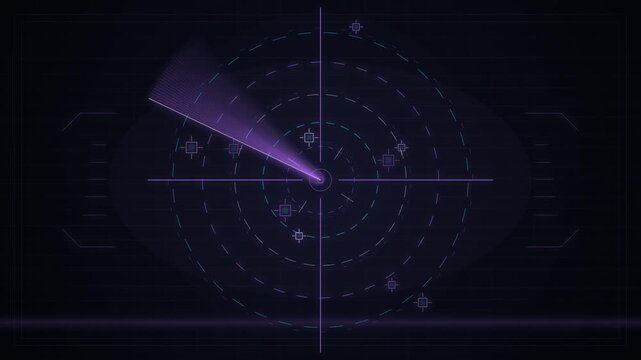 Futuristic purple HUD radar screen display scanning targets on dark background with grid line overlay