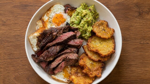 Sliced steak bowl with fried egg guacamole and plantains