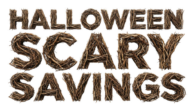 Halloween scary savings text made of twisted tree branches isolated on transparent background
