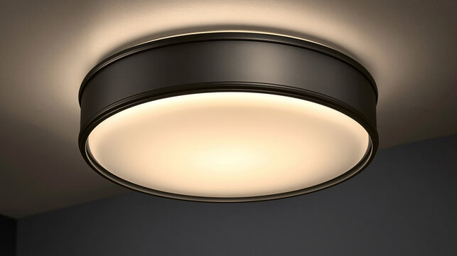 Round black flush mount LED ceiling light lamp fixture illuminating warm soft glow on ceiling.
