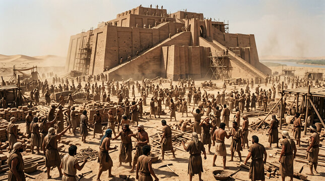 The confusion of languages at the Tower of Babel. Ancient builders suddenly unable to understand each other, abandoning the massive project