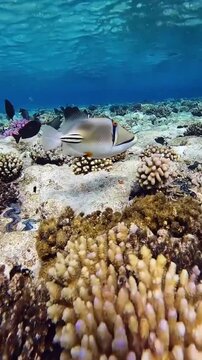 Picasso triggerfish swimming over coral reef. Tropical marine life in clear blue ocean water.