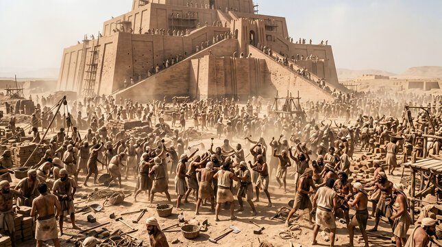 The confusion of languages at the Tower of Babel. Ancient builders suddenly unable to understand each other, abandoning the massive project
