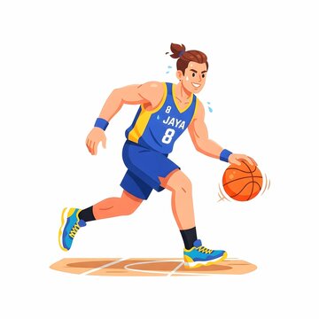 Sweaty male basketball player dribbling the ball on court vector illustration