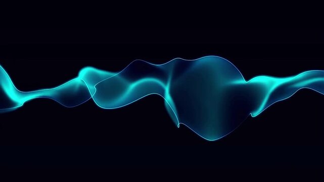 Futuristic digital video showing an abstract glowing blue neon fluid wave or ribbon flowing horizontally across a dark black background. Smooth elegant motion lines with a subtle gradient effect, perf