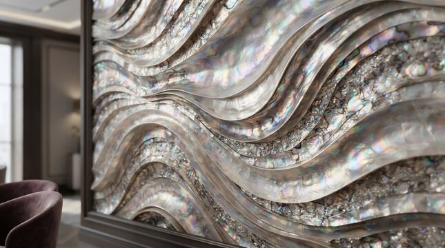 Elegant textured surface with iridescent waves and natural materials