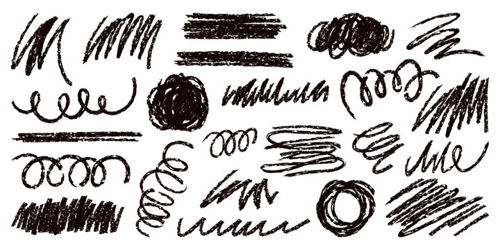 Hand drawn pencil scribble lines, loops, swirls, spirals and shaded strokes set. Black sketch doodle marks with rough texture elements isolated on white background vector illustration