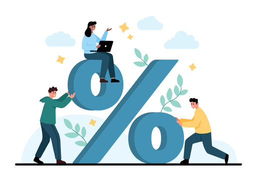 People interact with a giant percent sign, showing finance, discount, interest rates, savings and business analytics in a modern flat design isolated on white background vector illustration