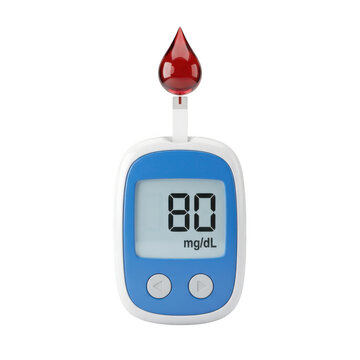 Digital blood glucose meter with a red blood drop isolated on transparent background