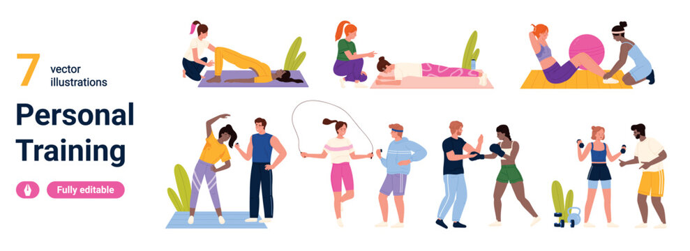 Collection of personal training scenes with coach and clients doing stretching, boxing, weights, yoga, and cardio exercises isolated on white background vector illustration