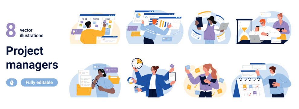 Project managers set with office workers planning tasks, tracking deadlines, reviewing charts and schedules, coordinating teamwork scenes in flat style isolated on white background vector illustration