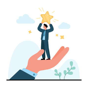 Businessman standing on a supportive hand lifts a golden star for employee success, achievement, recognition and career growth, isolated on white background vector illustration