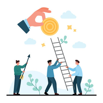 Team members use a ladder, arrow and coin target to show collaboration, ambition, success, growth, leadership, and planning isolated on white background vector illustration
