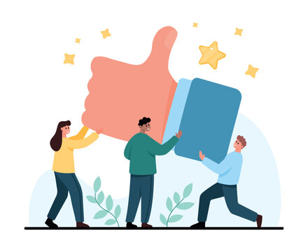 Three people lift a giant thumbs up sign with stars, showing teamwork, approval, support, and positive feedback in a clean flat style isolated on white background vector illustration